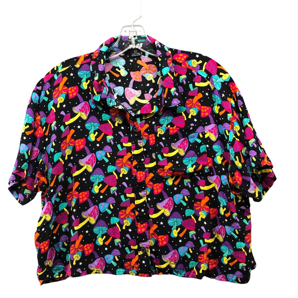 A-Lab Mushroom Print Cropped Button Up Shirt Womens L Psychedelic‎ Colorful Boxy